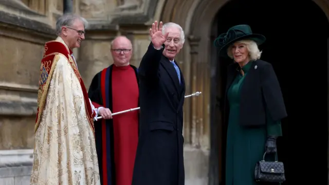 King Charles III and Queen Camilla arrive to attend the Easter Mattins Service at St George's Chapel at Windsor Castle in Berkshire