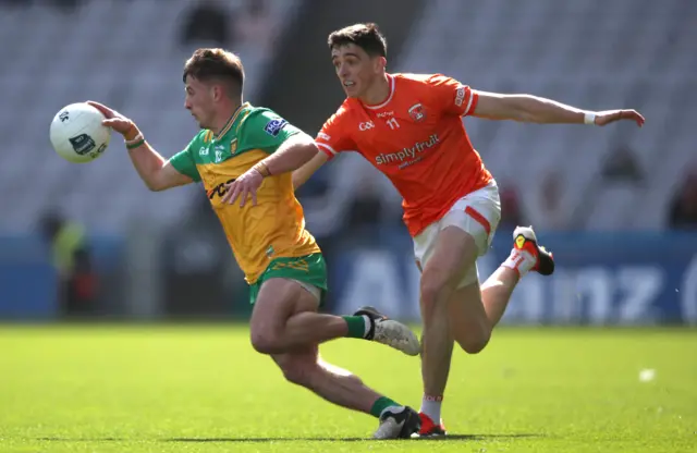 Armagh's Rory Grugan tackles Peadar Mogan of Donegal