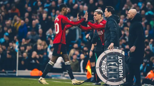 Marcus Rashford is replaced by Antony in the Manchester derby