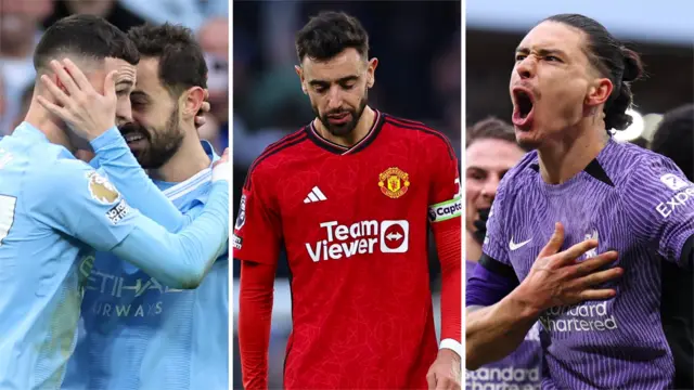 Manchester City celebrate, Bruno Fernandes dejected and Darwin Nunez celebrates