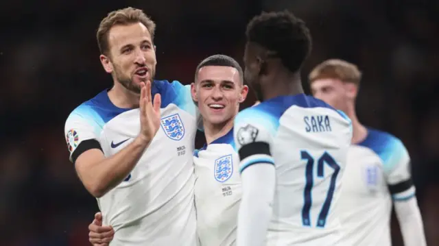 Harry Kane, Phil Foden and Bukayo Saka playing for England