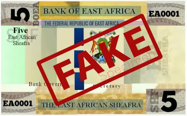 A fake banknote purported to be the single East African currency