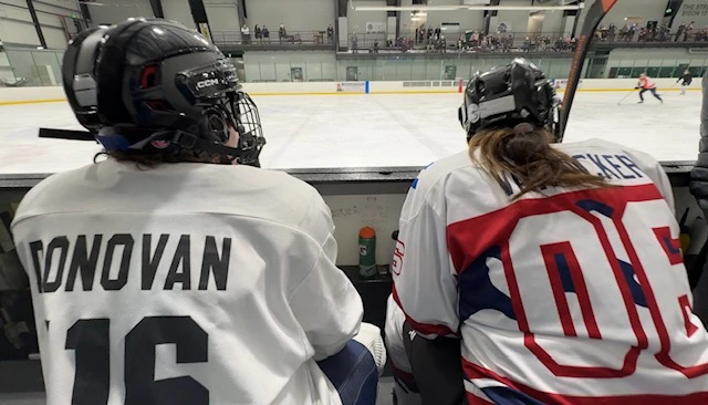 Players watching a hockey game in Colorado