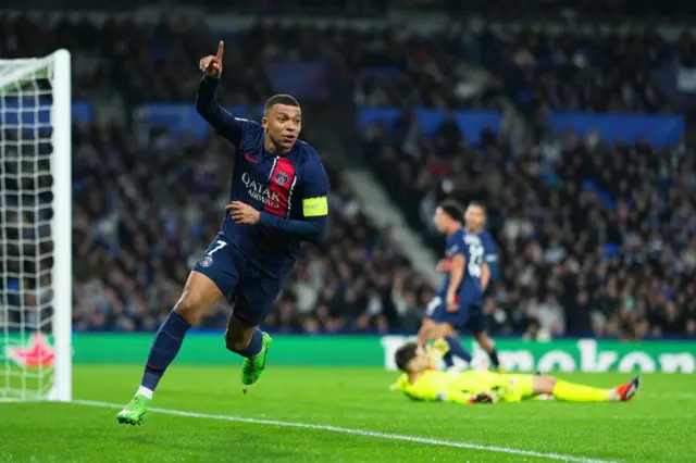 Mbappe celebrates his second goal v Real Sociedad.