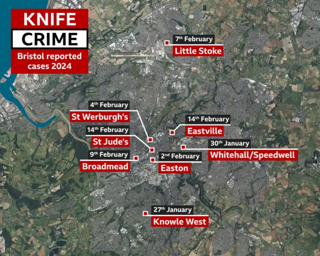 Map of knife crime in Bristol