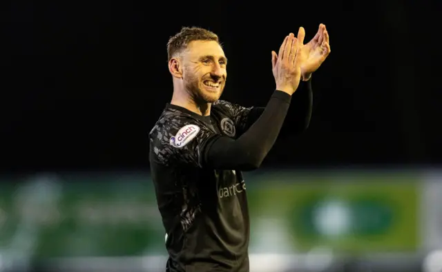 undee United's Louis Moult celebrates at full time during a cinch Championship match between Greenock Morton and Dundee United