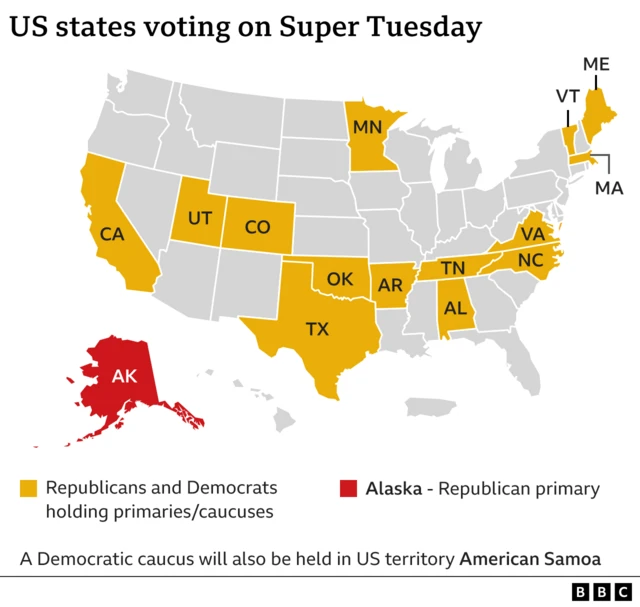 Map graphic of US states voting on Super Tuesday