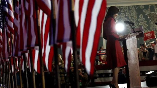 Republican presidential candidate, former U.N. Ambassador Nikki Haley, speaks during her primary election night gathering at The Charleston Place on February 24, 2024 in Charleston, South Carolina