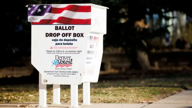 A ballot drop off box outside La Familia Recreation Center in Denver, Colorado, US, on Tuesday, March 5, 2024.