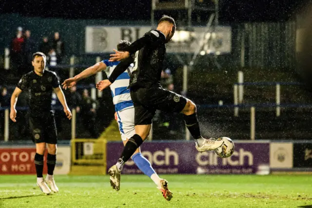 Dundee United's Louis Moult scores to make it 1-0 during a cinch Championship match between Greenock Morton and Dundee United a