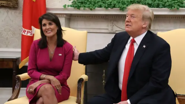 U.S. President Donald Trump announces that he has accepted the resignation of Nikki Haley as US Ambassador to the United Nations, in the Oval Office on October 9, 2018 in Washington, DC.