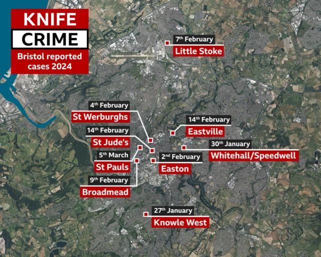 A map showing sites of stabbings in Bristol in 2024