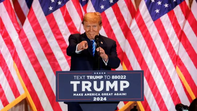 Republican presidential candidate and former U.S. President Donald Trump gestures as he speaks at a watch party event to mark the Super Tuesday primary elections at his Mar-a-Lago property, in Palm Beach, Florida, U.S. March 5, 2024