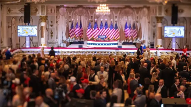 Former US President Donald Trump supporters gather inside Mar-a-Lago to support Trump during his Election Night Watch Party in Palm Beach, Florida, USA, 05 March 2024. The voters in 16 states and one US territory will cast their ballots on 'Super Tuesday' for presidential candidates in the 2024 United States primary elections. Trump is running against Former South Carolina Governor Nikki Haley for the Republican presidential primary.