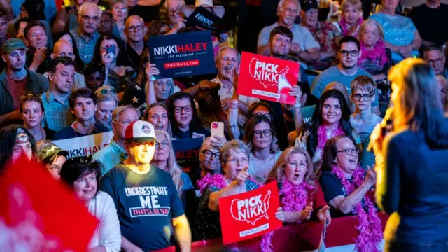 The evening before Super Tuesday Texas voters listen to Republican Presidential candidate Nikki Haley during a rally at Tannahills in Fort Worth, Texas on Monday March 4, 2024