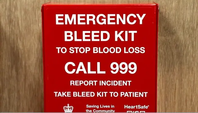 A red emergency bleed kit to stop blood loss