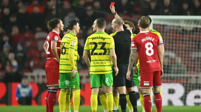 Borja Sainz is shown a red card