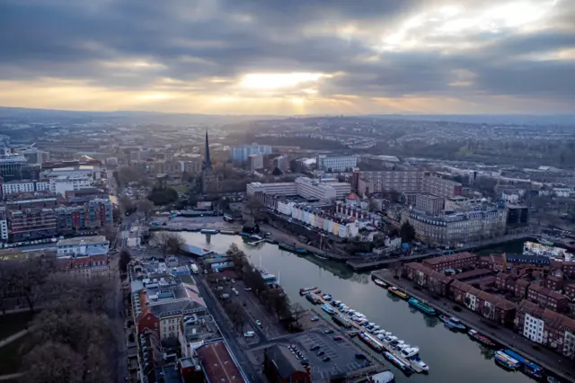 An aerial picture of Bristol, pointing towards Cabot tower