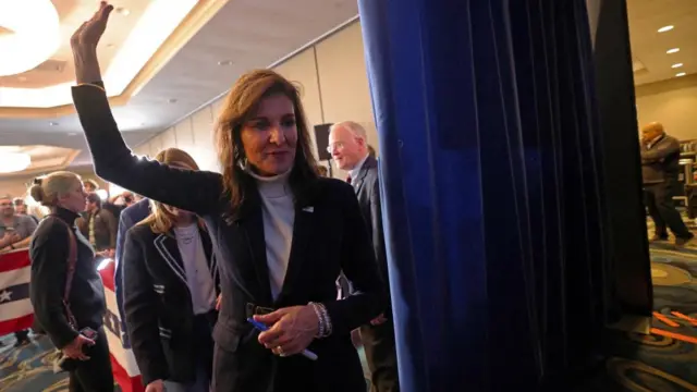 Republican presidential candidate and former U.S. Ambassador to the United Nations Nikki Haley waves as she leaves the stage at a campaign event in South Burlington, Vermont, U.S., March 3, 2024