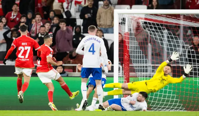 Benfica's Arthur Cabral has a shot during a UEFA Europa League Round of 16 first leg match between Benfica and Rangers at Estadio da Luz, on March 07, 2024, in Lisbon