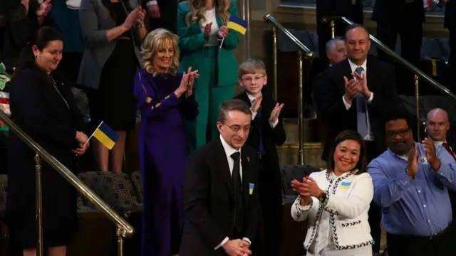 First Lady Jill Biden with guests sporting Ukrainian flags at Biden’s State of the Union in 2022