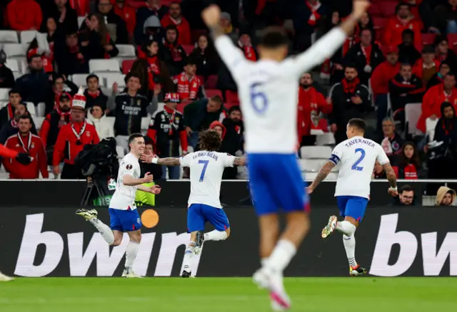 Rangers' Tom Lawrence celebrates scoring their first goal with Fabio Silva and James Tavernier