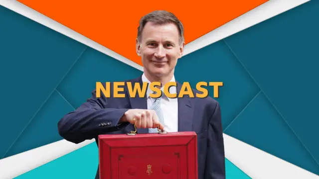 Hunt hold the red briefcase, smiling at the camera. The newscast logo is superimposed over the top