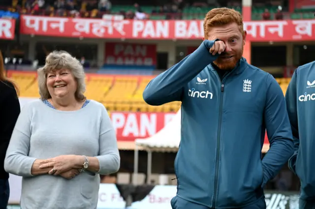 Jonny Bairstow is emotional with his mum as he gets his 100th Test cap for England