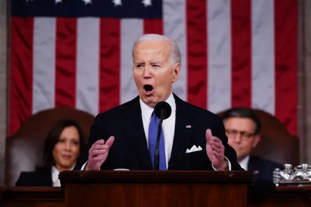 US President Joe Biden, during a State of the Union address at the US Capitol in Washington, DC, US, on Thursday, March 7, 2024