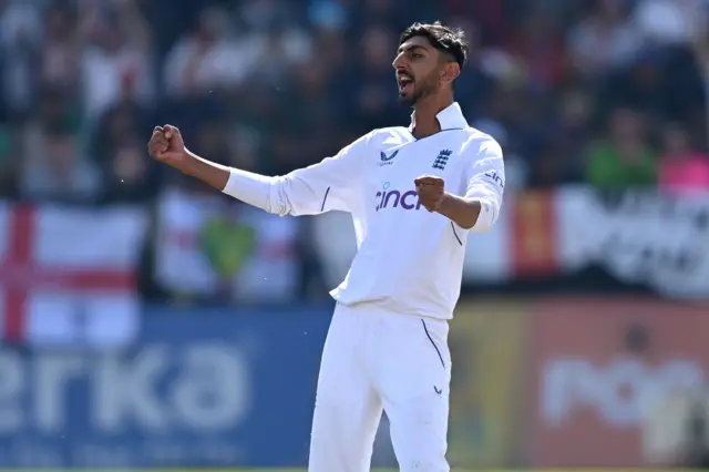 Shoaib Bashir celebrates a wicket