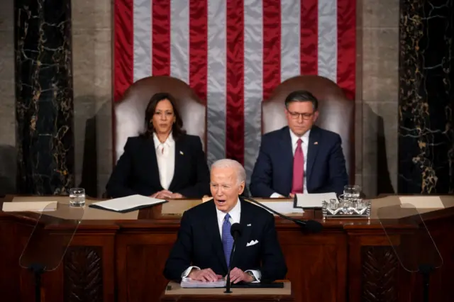 US President Joe Biden speaks during a State of the Union address at the US Capitol in Washington, DC, US, on Thursday, March 7, 2024