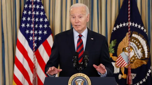 US President Joe Biden delivers remarks before a meeting of his Competition Council, in the State Dining Room at the White House in Washington, U.S., March 5, 2024.