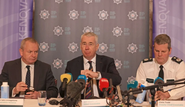 Officer in charge Operation Kenova, Sir Iain Livingstone, PSNI Chief Constable Jon Boutcher, and Temporary Deputy Chief Constable Chris Tod