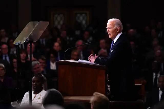 US President Joe Biden, during a State of the Union address at the US Capitol in Washington, DC, US, on Thursday, March 7, 2024