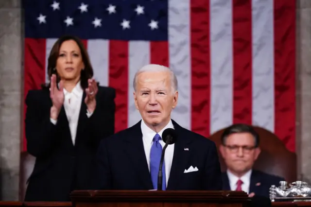 US President Joe Biden speaks during a State of the Union address at the US Capitol in Washington, DC, US, on Thursday, March 7, 2024