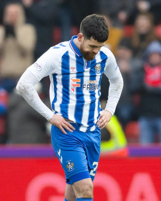 Kilmarnock's Liam Donnelly looks dejected at Kilmarnock go 3-1 down during a Scottish Cup Quarter Final match between Aberdeen and Kilmarnock at Pittodrie Stadium, on March 09, 2024, in Aberdeen, Scotland.