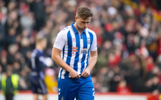 Kilmarnock's Greg Stewart looks dejected at full time during a Scottish Cup Quarter Final match between Aberdeen and Kilmarnock at Pittodrie Stadium, on March 09, 2024, in Aberdeen, Scotland.