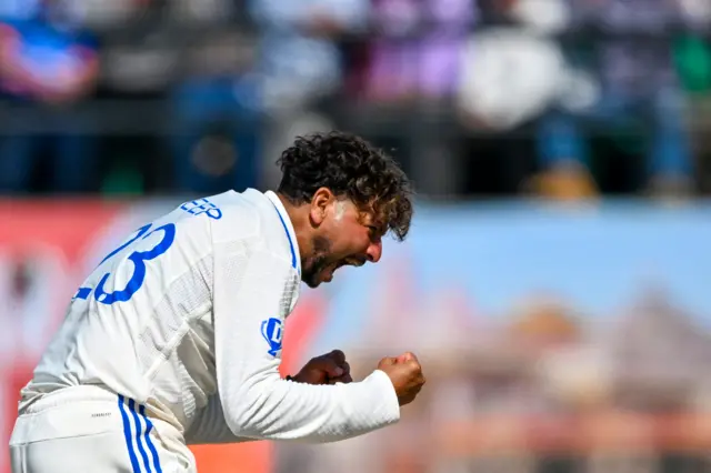 India's Kuldeep Yadav celebrates a wicket