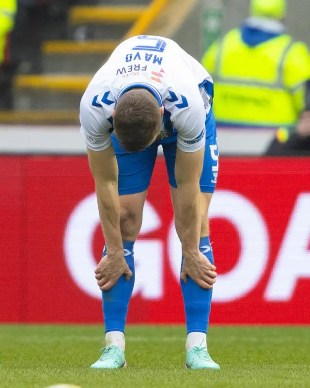 Kilmarnock's Lewis Mayo looks dejected at Kilmarnock go 3-1 down during a Scottish Cup Quarter Final match between Aberdeen and Kilmarnock at Pittodrie Stadium, on March 09, 2024, in Aberdeen, Scotland.