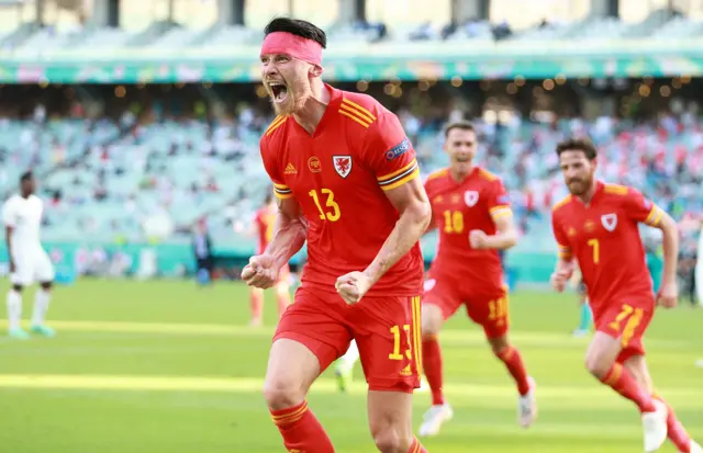 Kieffer Moore celebrates a goal for Wales