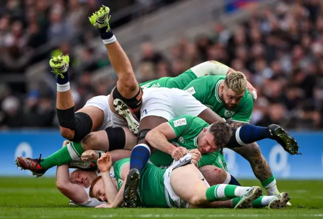 Players piled on the floor