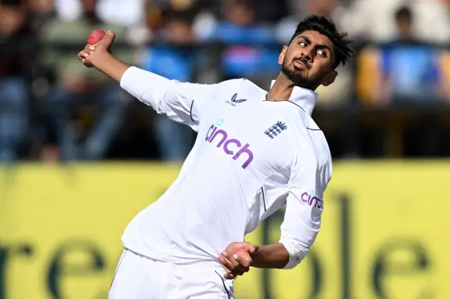 Shoaib Bashir bowls for England in the fifth Test against India