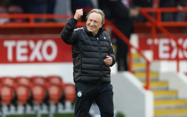 Aberdeen Manager Neil Warnock celebrates at full time during a Scottish Cup Quarter Final match between Aberdeen and Kilmarnock at Pittodrie Stadium, on March 09, 2024, in Aberdeen, Scotland.