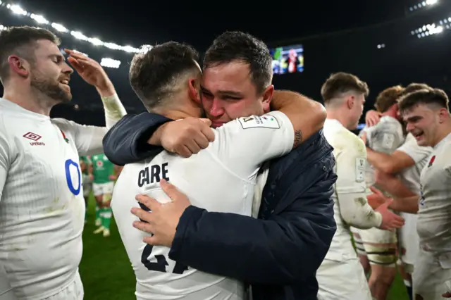 Jamie George and Danny Care hugging