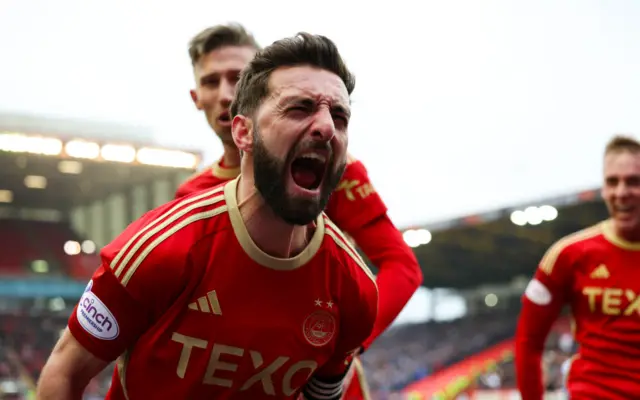 Aberdeen's Graeme Shinnie celebrates scoring to make it 2-0 during a Scottish Cup Quarter Final match between Aberdeen and Kilmarnock at Pittodrie Stadium, on March 09, 2024, in Aberdeen, Scotland.