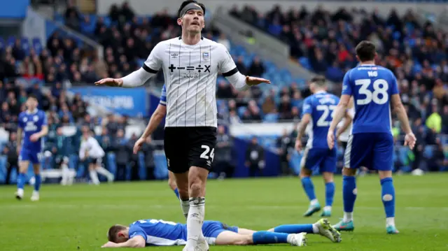 Kieffer Moore celebrates scoring for Ipswich