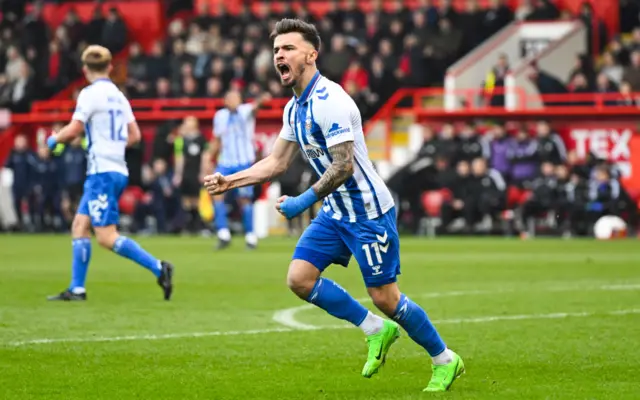 Kilmarnock's Daniel Armstrong celebrates scoring to make it 2-1 during a Scottish Cup Quarter Final match between Aberdeen and Kilmarnock at Pittodrie Stadium, on March 09, 2024, in Aberdeen, Scotland.