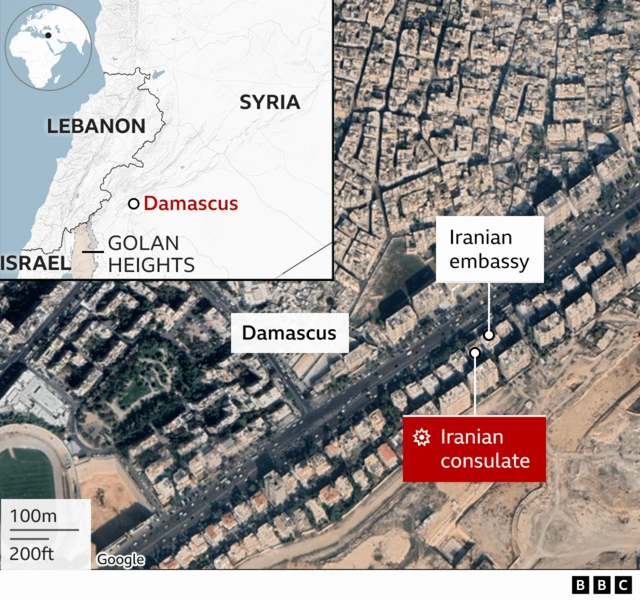 Satellite image of the Iranian embassy and consulate buildings with an inset map locating Damascus in Syria and in relation to the Golan Heights