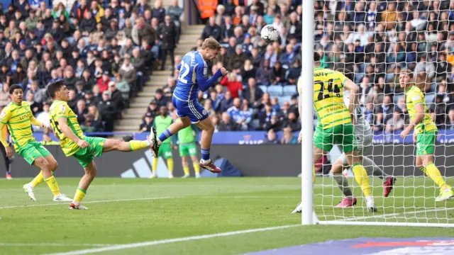 Kiernan Dewsbury-Hall scores a header for Leicester