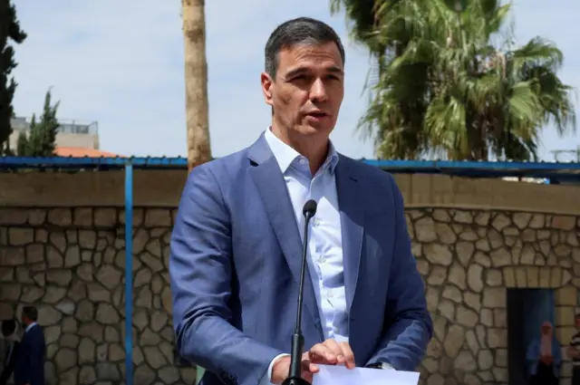 Spanish Prime Minister Pedro Sánchez speaking at a press conference during a visit to an UNRWA school, at the Jabal el-Hussein camp for Palestinian refugees in Amman, Jordan, 2 April